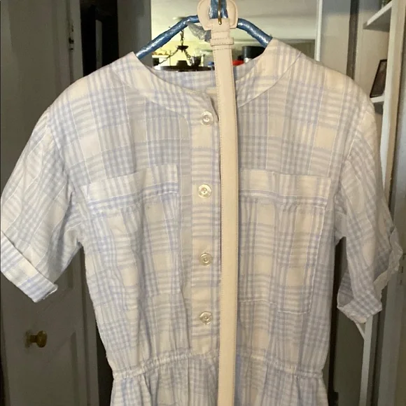 Light Blue Plaid Button-Up Dress with belt handmade vintage belt grandma - Picture 3 of 14